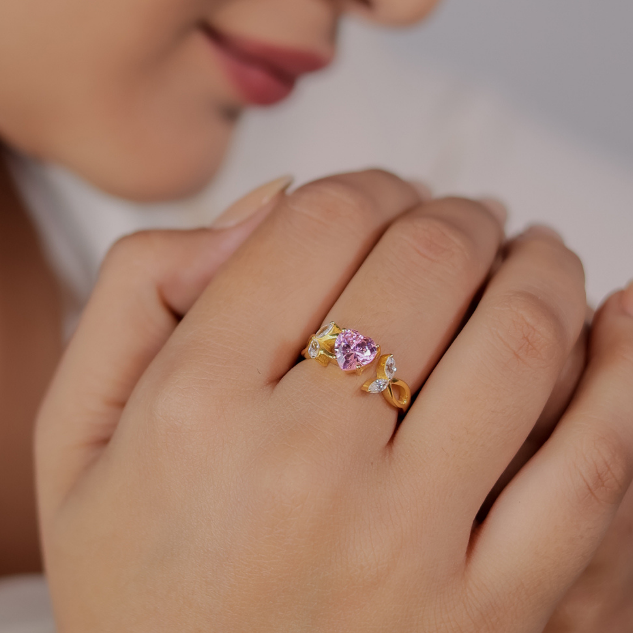 Valentine Heart And Leaves Band Engagement Ring- Hallmarked 925 Sterling Silver Yellow Gold